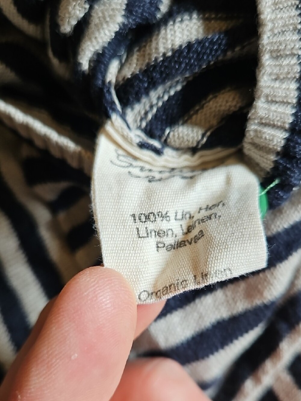 Gudrun Sjoden Navy and Oatmeal Striped Cotton Cardigan with Green Trim - Picture 3 of 13